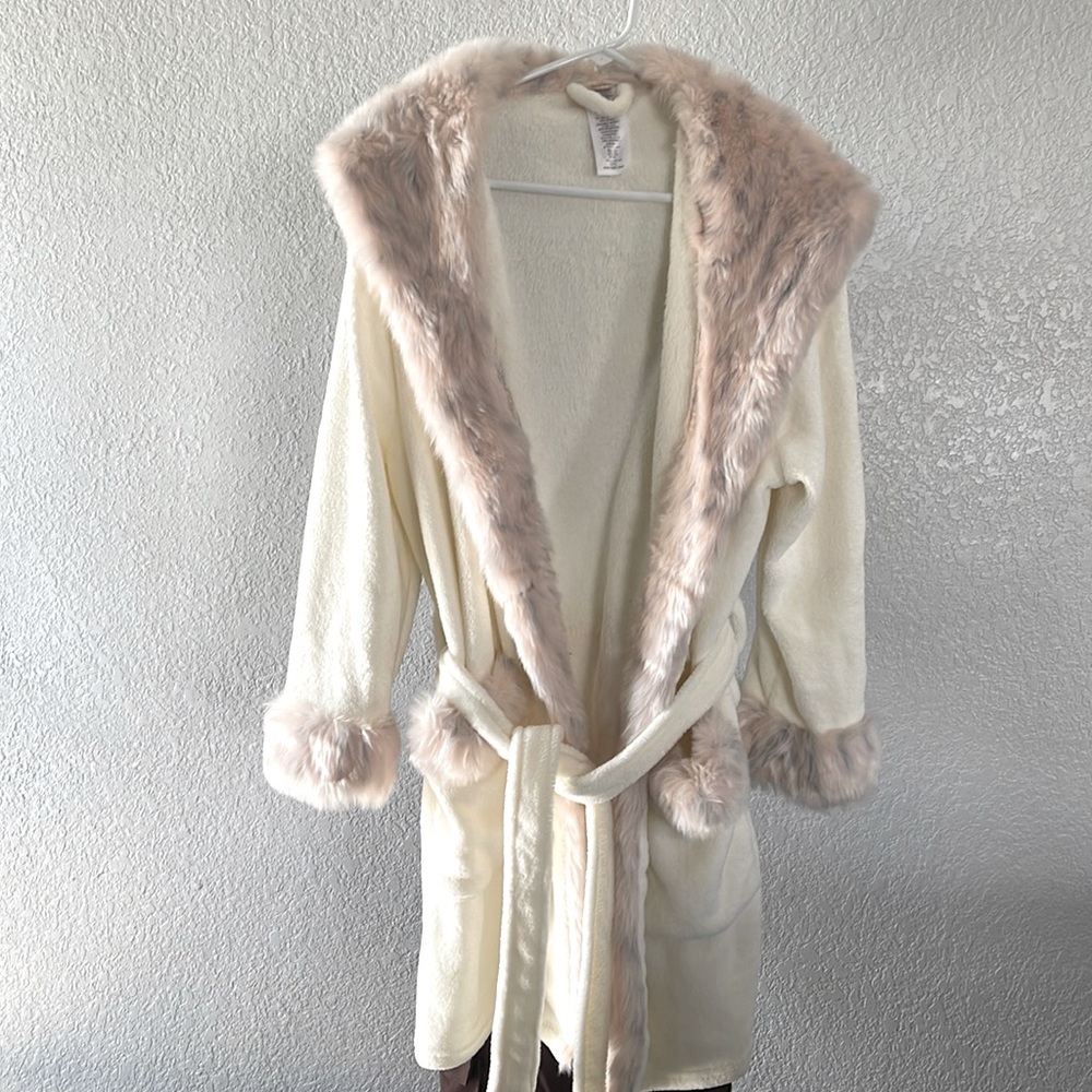 Cream robe with furry parts that are pink one size only